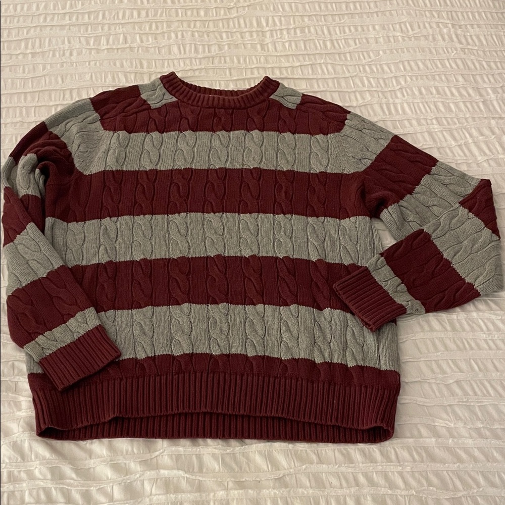 L.L. Bean Maroon and Gray Striped Cable-knit Fishermen Sweater | size: medium
